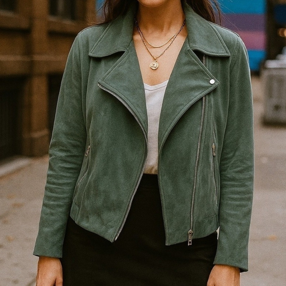 Tahari Women's Green Faux Leather Suede Zipper Detail Jacket Large Grunge Punk